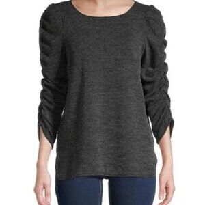 Max Studio Women's Texture Rib Rouched Sleeve Top Grey Size Medium